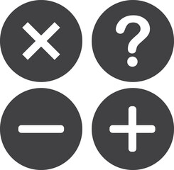 Obraz premium Four dark grey circular icons with white symbols representing multiplication, question, minus, and plus signs, commonly used in mathematics and user interfaces.