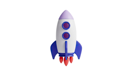 3D cartoon rocket ship with purple accents and engine flames on transparent background