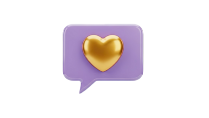 3D Golden heart inside a purple speech bubble icon on transparent background
