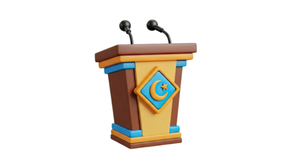 3D Islamic crescent moon and star podium with microphones on transparent background