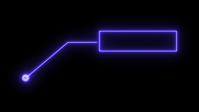 Purple neon callout box with a circular point and connected line, abstract digital element for design isolated on black background