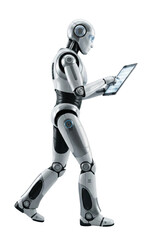 Robot walking and using digital tablet. Mobile technology concept