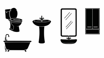 Bathroom fixtures set silhouette isolated on white background.