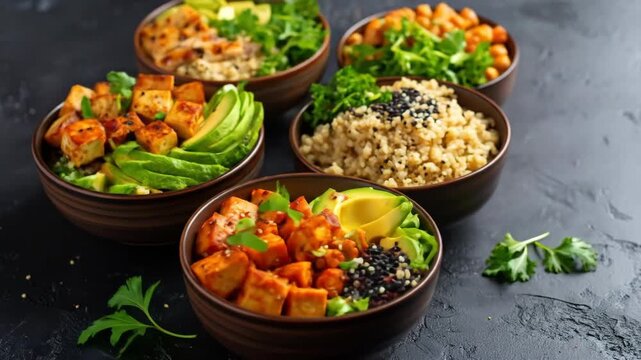 A vibrant assortment of healthy and nutritious power bowls filled with fresh ingredients on a dark background.