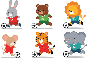 Cute animal characters playing soccer featuring rabbit bear lion mouse tiger and elephant in sports jerseys for kids football team branding and stickers.