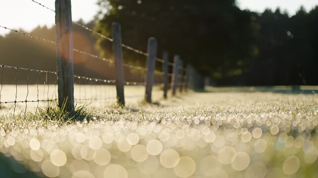 Morning Dew on Grass Sparkling Along the Wooden Fence Row