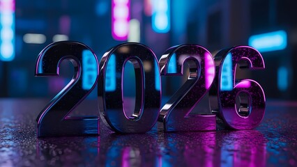 Glowing 3D numbers '2026' on reflective surface with neon city background