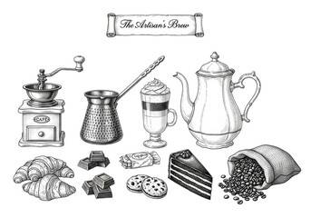 Vintage hand-drawn flat lay of a detailed manual coffee grinder, cezve, victorian pot, latte, and pastries, with 'the artisan's brew' text banner, black ink technical sketch on white. Concept of