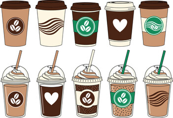 Large vector set of ten diverse takeaway coffee cups, including hot beverages and iced drinks with whipped cream, beans logo, and heart design for cafe menu.