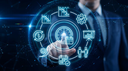 Businessman interacting with futuristic productivity interface