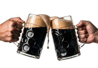 hands of two people toasting large dimpled german steins filled with dark stout, frozen micro-splash, condensation detail, on bright white studio background. robust celebration concept