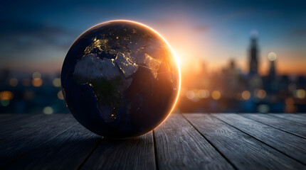 Glowing earth on wooden table with cityscape background at sunset