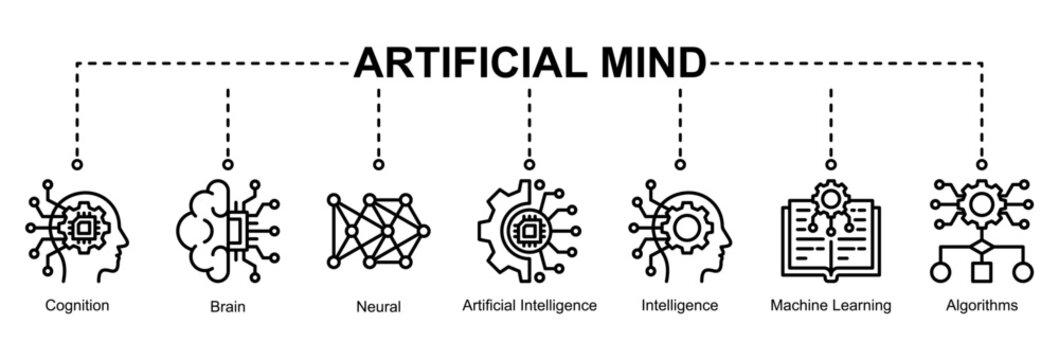 Artificial Mind web banner icon illustration featuring cognition, brain, neural networks, artificial intelligence, intelligence, machine learning, and algorithms