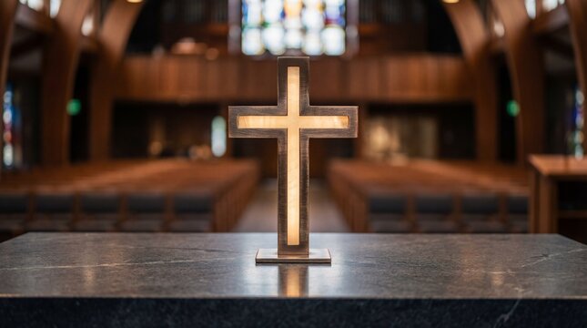 Illuminated wooden cross standing on altar table in empty church sanctuary.