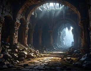 Sunlit ruins of an ancient, arched structure. Stairs lead into the light