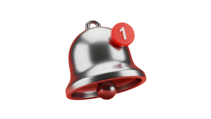 Shiny silver notification bell with red accents and one new alert indicator on white background
