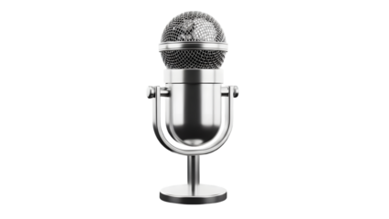 Vintage chrome microphone on stand isolated on white background for podcasting or music