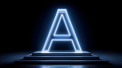 Illuminated Blue Neon Letter A on Pedestal in Dark Studio.