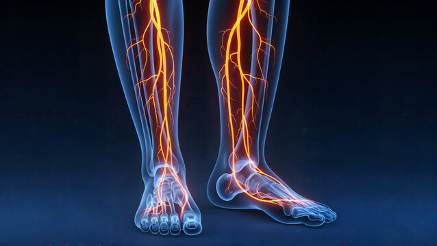 Human Anatomy Legs with glowing orange varicose veins , x-ray 3d Medical illustration, blue background