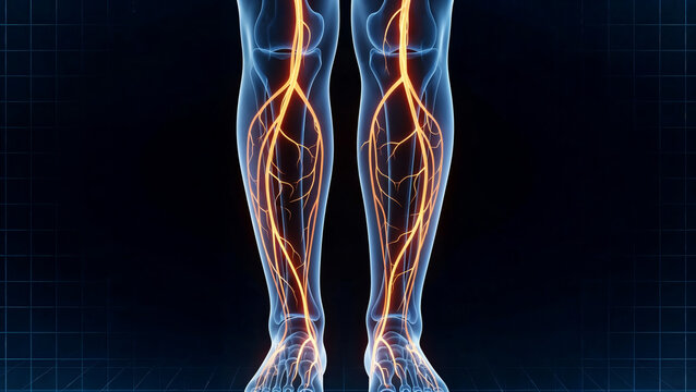 Human Anatomy Legs with glowing orange varicose veins , x-ray 3d Medical illustration, black background