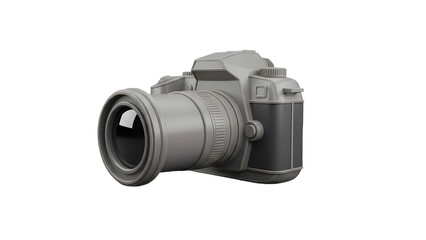 Gray digital camera with large lens on white background, photography equipment, professional