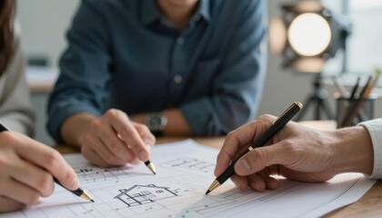 Collaboration of Professionals Reviewing Architectural Plans and Sketches in a Modern Workspace