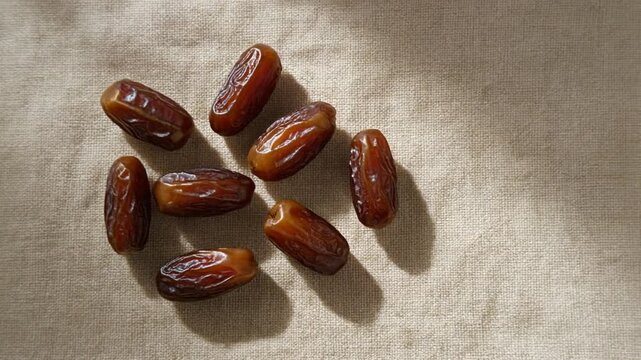 Top-down shot of organic dates scattered on beige linen with warm, cinematic lighting.