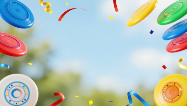 Colorful Flying Frisbies and Confetti Against a Bright Blue Sky in a Lush Green Outdoor Setting