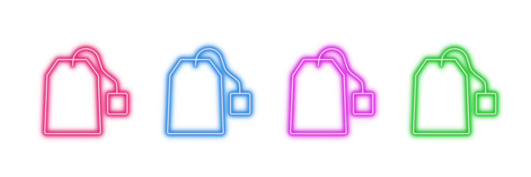 Neon glowing tea bag vector icons set, hot drink, beverage, herbal, refreshment, vibrant colorful digital design illustration on transparent background.