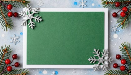 Blank Green Card Surrounded by Festive Decorations Winter Background with Snowflakes and Berries