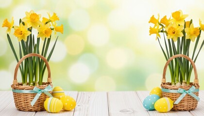 Easter Daffodils in Wicker Baskets with Colorful Decorated Eggs on Wooden Table in Spring Setting