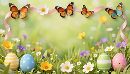 Colorful Butterfly Decoration with Easter Eggs and Blooming Flowers in a Vibrant Spring Garden