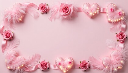 Romantic Floral Frame Decorated with Pink Hearts and Roses on Soft Pink Background