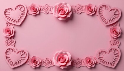 Delicate Pink Floral Heart Frame with Roses and Cutout Hearts on a Soft Background Design