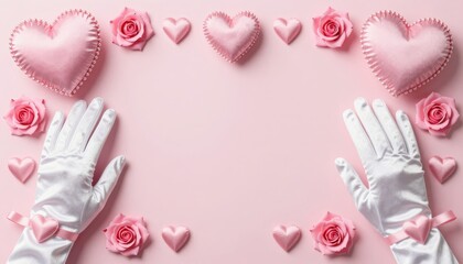 Elegant Pink Hearts and Roses Surrounded by White Gloves on a Soft Pink Background