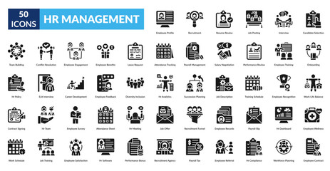 Hr Management Glyph Icon Set. Employee Profile, Talent Acquisition, Resume Evaluation, Job Advertisement, Interview Process, Candidate Selection, New Hire Onboarding