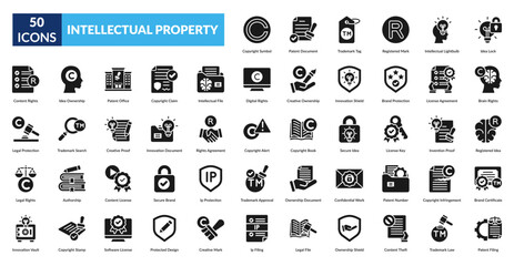 Intellectual Property Glyph Icon Set. Ip Rights, Copyright Symbol, Patent Document, Trademark Tag, Registered Mark, Intellectual Property, Licensing Agreement