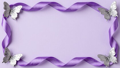 Decorative Purple Ribbon Frame With Silver Butterflies on a Soft Lavender Background