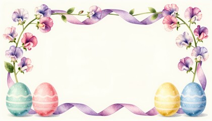Decorative Easter Egg Design with Pastel Colors and Floral Elements Framing Empty Space