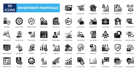 Investment Portfolio Glyph Icon Set. Portfolio Folder, Asset Allocation, Diversified Assets, Investment Chart, Stock Portfolio, Risk Balance, Bond Investment
