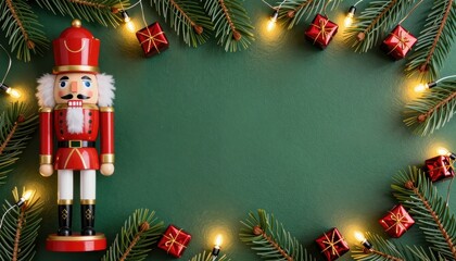 Nutcracker Figurine Surrounded by Lights and Presents on Green Background for Holiday Celebration