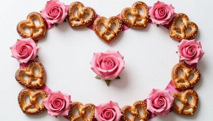 Heart Shaped Arrangement of Pretzels and Pink Roses on White Background for Romantic Celebration