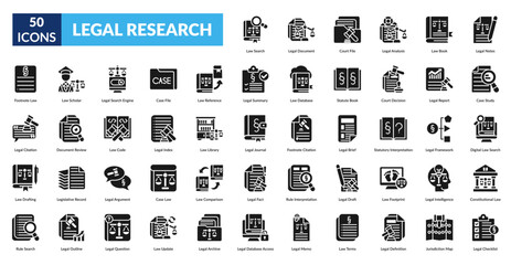 Legal Research Glyph Icon Set. Regulation Search, Document Review, Court Records, Legal Analysis, Statute Book, Case Notes, Case Study