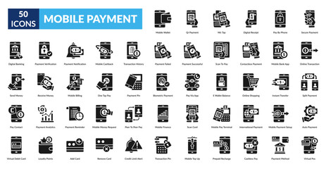 Mobile Payment Glyph Icon Set. Add Card, App Pay, Auto Payment, Banner, Biometric Auth, Cashback Offer, Cashless Pay