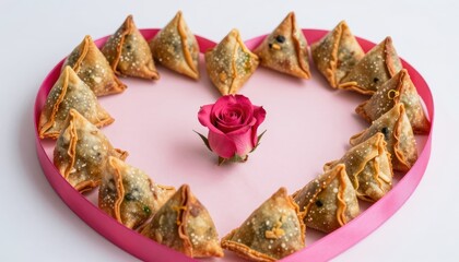 Heart Shaped Arrangement of Crispy Samosa Snacks with Pink Rose in Center for Celebratory Occasion