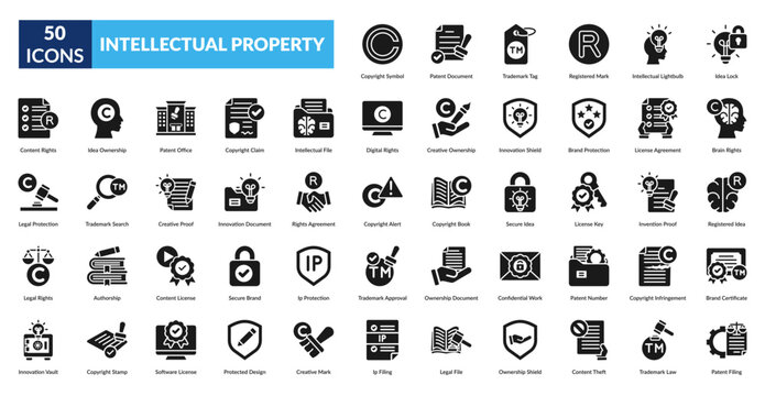 Intellectual Property Glyph Icon Set. Ip Rights, Copyright Symbol, Patent Document, Trademark Tag, Registered Mark, Intellectual Property, Licensing Agreement