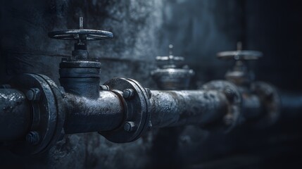 Industrial Steam Pipes with Valves and Fog.