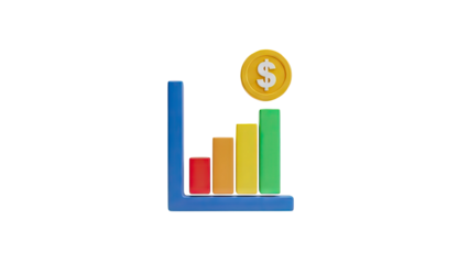 3D Financial Growth Bar Chart with Dollar Coin Icon on transparent background