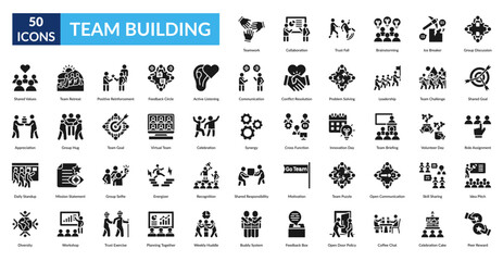 Team Building Glyph Icon Set. Team Challenge, Leadership, Problem Solving, Conflict Resolution, Communication, Active Listening, Feedback Circle