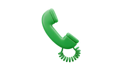 Green plastic telephone receiver with curly cord isolated on white background